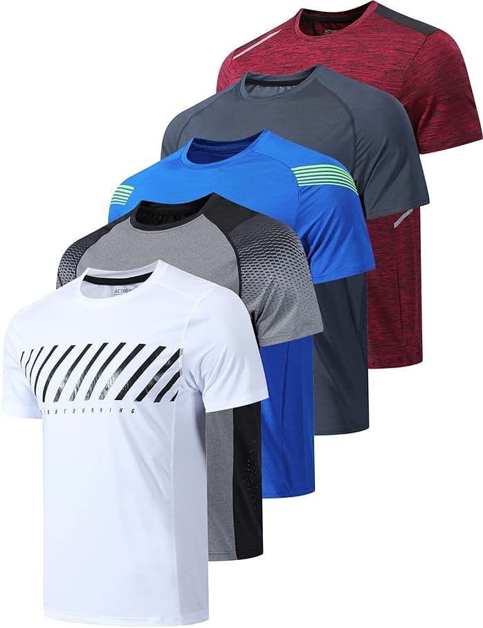 5 Pack Men’s Active Quick Dry Crew Neck T Shirts | Athletic Running Gym Workout Short Sleeve Tee Tops Bulk - Product Image