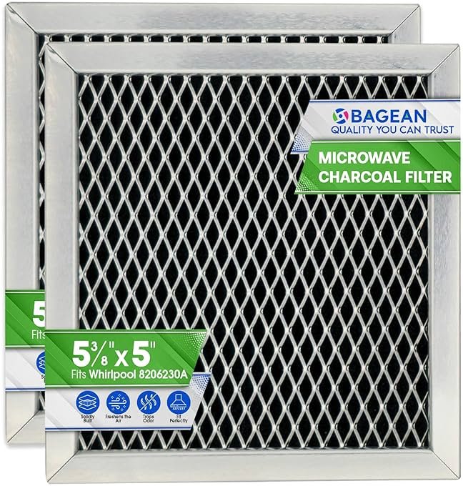 Microwave Charcoal Filter 5.35” x 5.03” for 8206230A Maytag and Whirlpool Microwave Filter Replacement - Carbon Filters Freshens and Filters Kitchen Air in Over the Range Oven Vent Fan (2-Pack) - Product Image