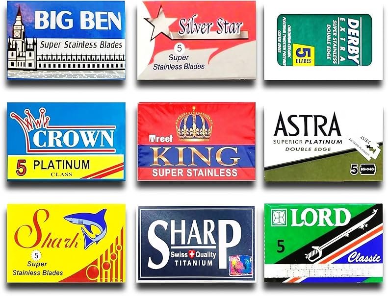 Razor Blades Club - Astra-Derby-Shark-Lord-Treet-Sharp-Big Ben 50 Quality Double Edge Razor Blades Sampler (9 different brands) - Product Image