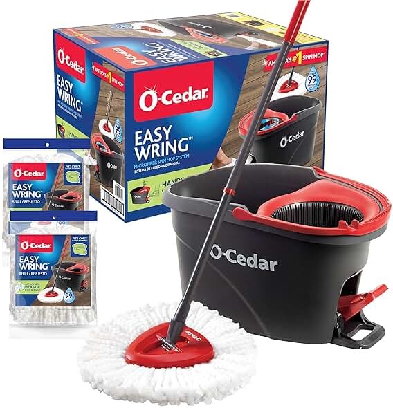 O-Cedar EasyWring Microfiber Spin Mop & Bucket Floor Cleaning System + 2 Extra Refills, Red/Gray - Product Image