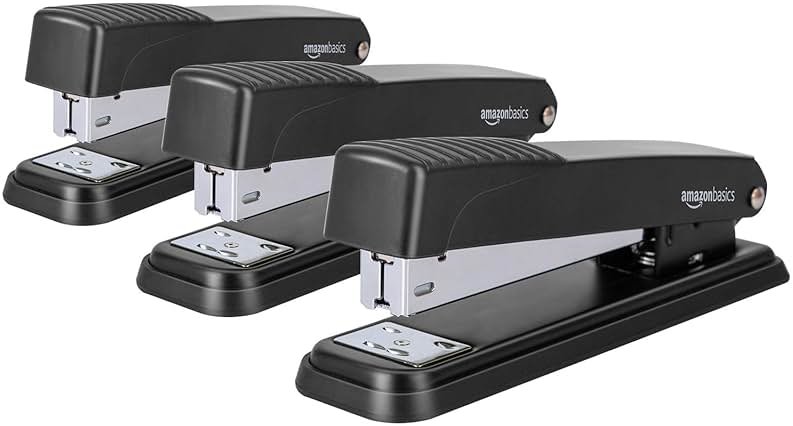 Amazon Basics Full-Strip Metal Office Desktop Stapler, 20 Sheet Capacity, Non-Slip, Black, 3-Pack - Product Image
