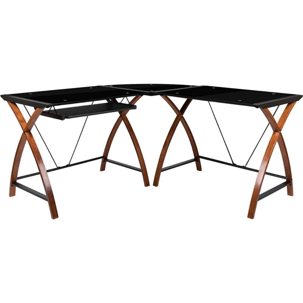 Flash Furniture Jude Black Glass L-Shape Corner Computer Desk with Pull-Out Keyboard Tray - Product Image