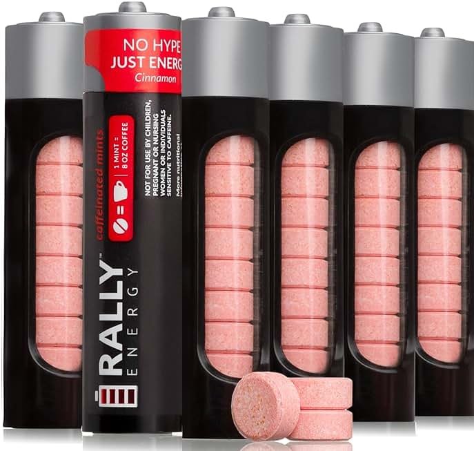 Caffeine Mints by Rally, 60milligram Caffeine, Instant Energy, Fresh Breath Caffeinated Mints, 0 Sugar, Cinnamon Flavor (6 Packs, 60 Mint) - Product Image