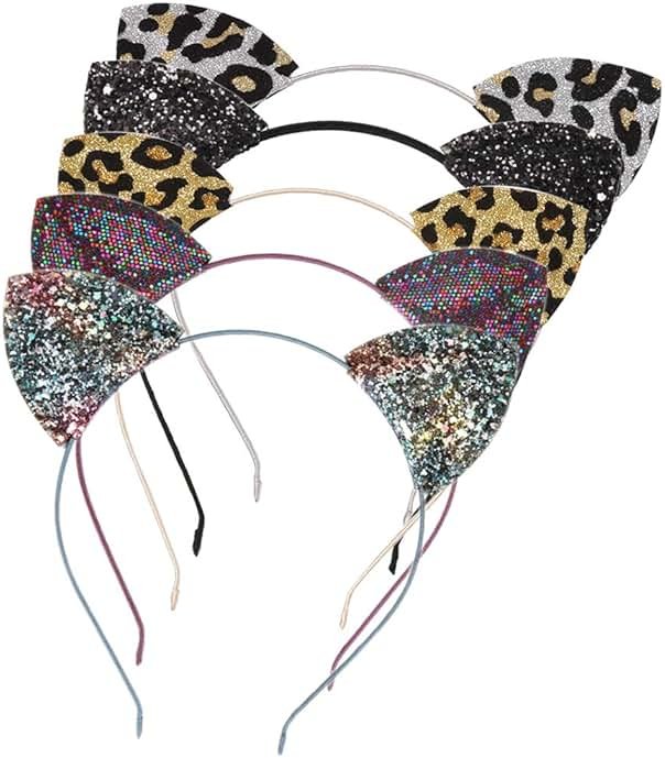 Lirila Cosplay Leopard Sequin Black Cat Ears Headband for women,Leopard Print, cheetah ears Headbands Party Decoration, Halloween costume for women adult Pack of 5(Multicolor) - Product Image