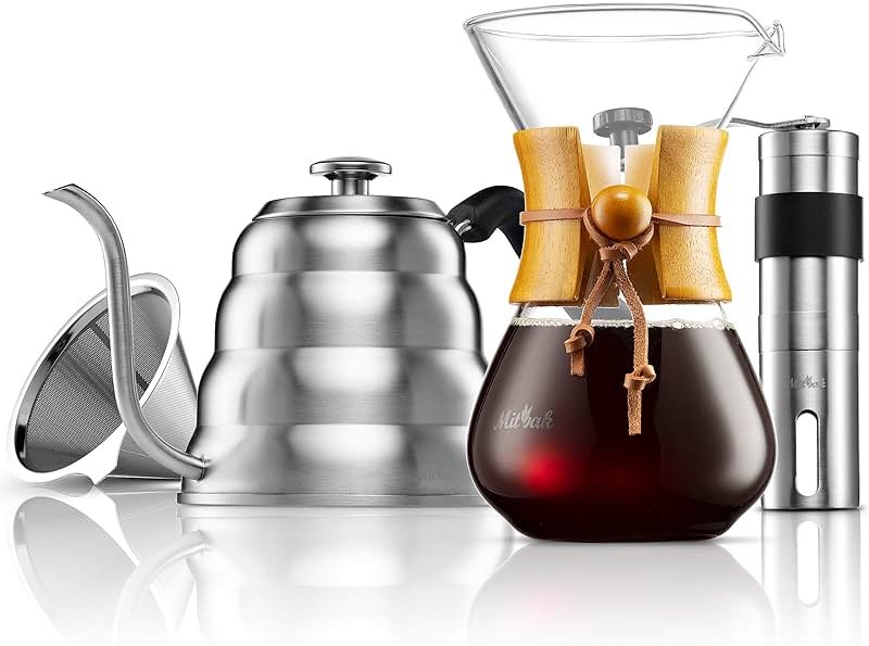 MITBAK Pour Over Coffee Maker Set | Kit Includes 40 OZ Gooseneck Kettle with Thermometer, Coffee Mill Grinder & 20 OZ Coffee Dripper Brewer | Great Replacement for Coffee Machines - Product Image