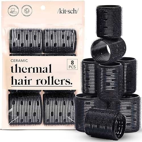 Kitsch Ceramic Thermal Hair Rollers for Women – Self Grip Hair Curlers for Heatless Curls Overnight - Volumizing Large Rollers for Short & Long Hair - For Long Lasting Frizz-Free Curls - Black, 8pcs - Product Image
