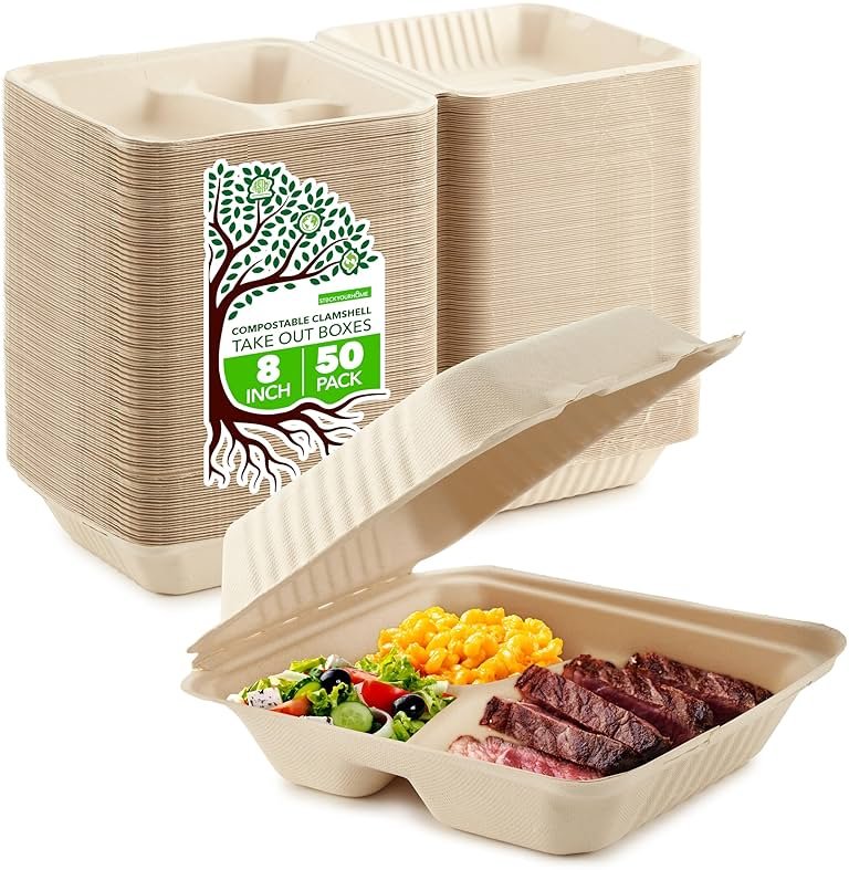 Clamshell Take Out Food Containers 8 x 8 (50 Pack) 3-Compartment, Disposable To Go Container, Togo Boxes With Lids, Trays for Lunch, Dinner, Meal-Prep, Eco Friendly, Compostable, Biodegradable - Product Image