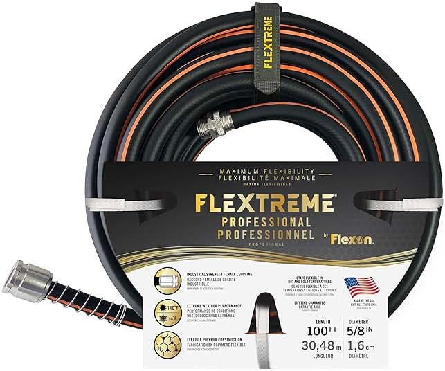Flexon Flextreme Pro 5/8" x 100ft Performance Rubber Garden Hose – Heavy-Duty, Kink-Resistant, All-Weather Flexibility, Industrial-Grade Couplings, Durable Outdoor Watering Hose for Lawn & Garden - Product Image