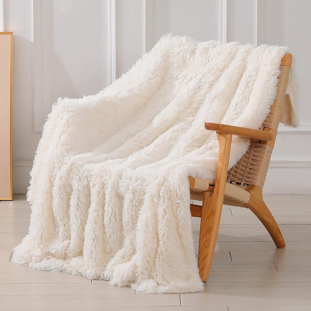 Tuddrom Decorative Extra Soft Fuzzy Faux Fur Throw Blanket 50" x 60",Solid Reversible Long Hair Shaggy Blanket,Fluffy Cozy Plush Comfy Microfiber Fleece Blankets for Couch Sofa Bedroom,Cream White - Product Image