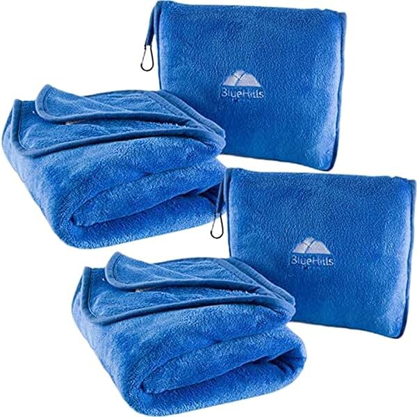 BlueHills 2-Pack Premium Soft Travel Blanket Pillow Airplane Blanket in Soft Bag Pillowcase with Hand Luggage Belt and Backpack Clip, Compact Pack Large Blankets for Any Travel Royal Blue T015 - Product Image