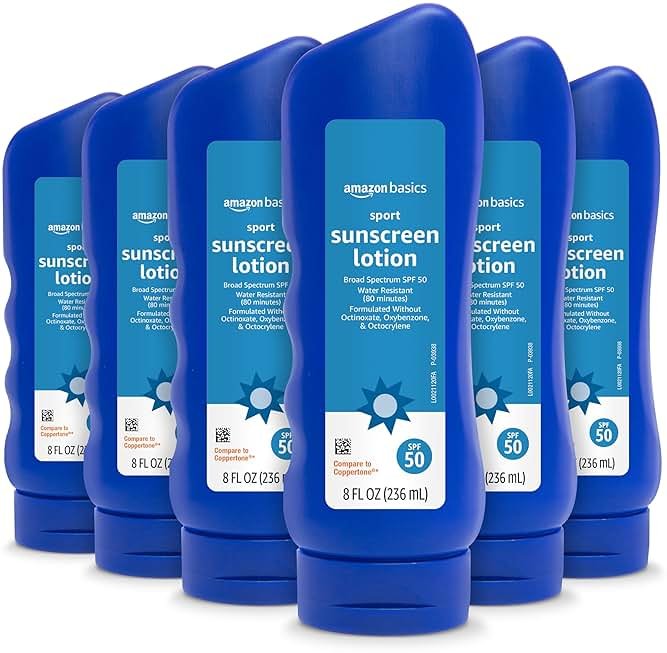 Amazon Basics Sport Body Sunscreen Lotion SPF 50, Water Resistant (80min), Fragrance Free, Formulated without Octinoxate & Oxybenzone, Broad Spectrum UVA/UVB Protection, 8 fl oz, 6-Pack - Product Image