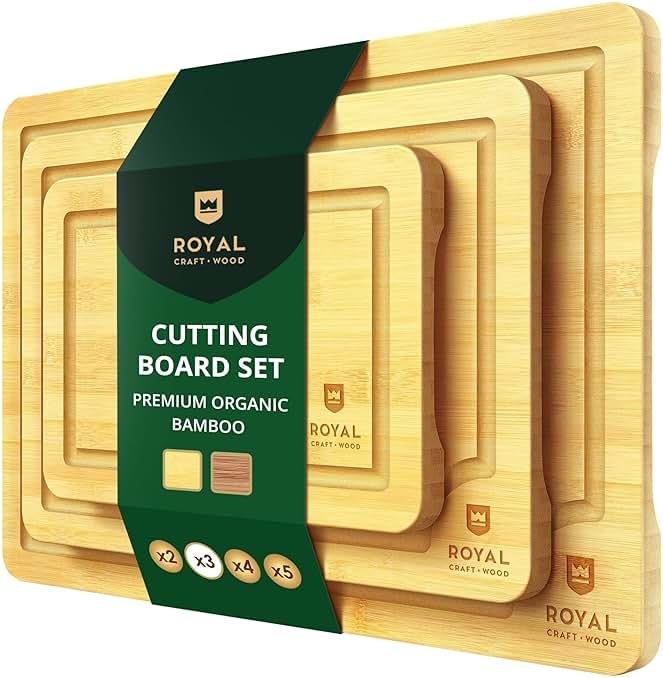 ROYAL CRAFT WOOD Wooden Cutting Boards for Kitchen Meal Prep & Serving - Bamboo Wood Serving Board Set with Deep Juice Groove Side Handles - Charcuterie & Chopping Butcher Block for Meat - Product Image