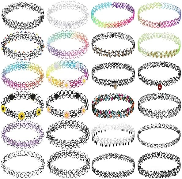 BodyJ4You 24PC Tattoo Choker Necklace - 90s Choker Necklaces Y2K Fashion Trendy Vintage - Daisy Flower Charm Colorful Rainbow Black Goth Pendant - Stretchy Elastic Necklace Summer Gift Set - Product Image