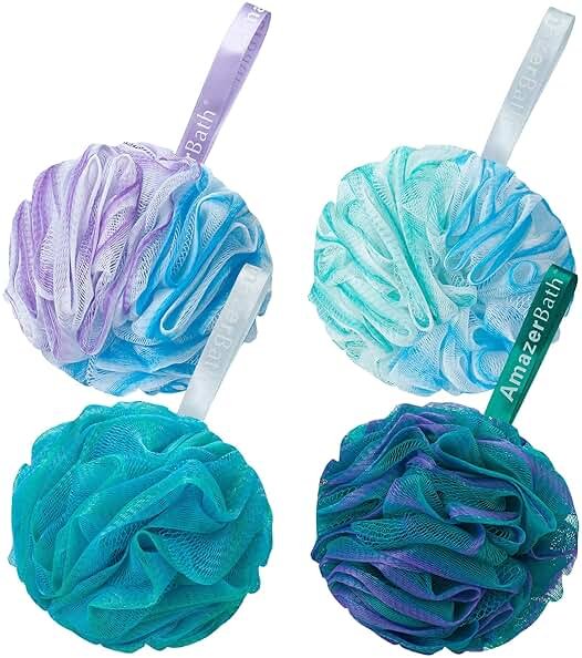 AmazerBath Loofah Sponge 75g/Piece, Exfoliating Bath Sponge Body Scrubber - Loofa Set of 4 Flower Color (Large, Green-Purple) - Product Image