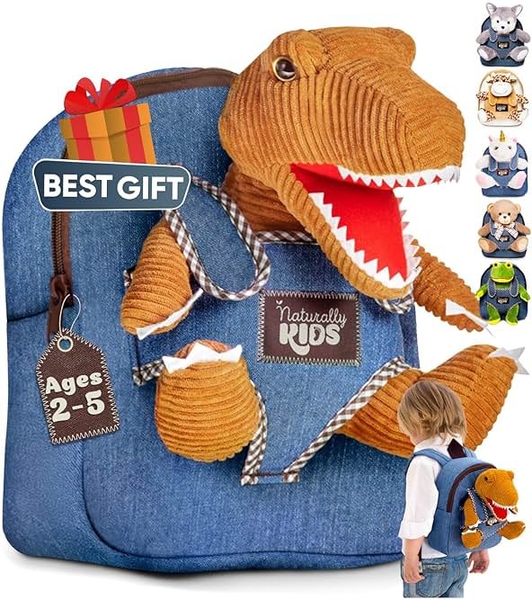 Naturally KIDS Toddler Backpack w Dinosaur Toys for Kids 2-4, 2 Year Old Boy Birthday Gift, 3 Year Old Boy Gift Girl, Toddler Dinosaur Toy - Product Image