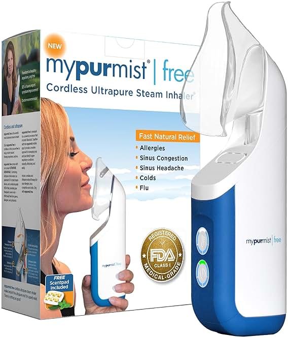 Mypurmist Free Ultrapure Cordless Steam Inhaler - Handheld Personal & Battery-Powered Steamer, Vaporizer & Humidifier for Sinus Relief, Nasal Congestion, Cold & Cough, Vocal Care - Product Image