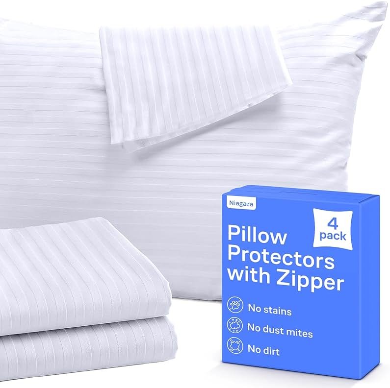 Ultra Soft Pillow Protectors with Zipper Standard Size - Set of 4 Breathable Pillow Covers - 100% Protection Against Stains, Dust & Dirt - Machine Washable (Dark White) - Product Image