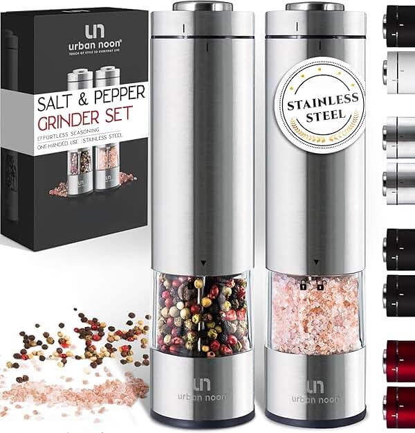 Electric Salt and Pepper Grinder Set - Battery Operated Stainless Steel Mill with Light (2 Mills) - Automatic One Handed Operation - Electronic Adjustable Shakers - Ceramic Grinders - Product Image