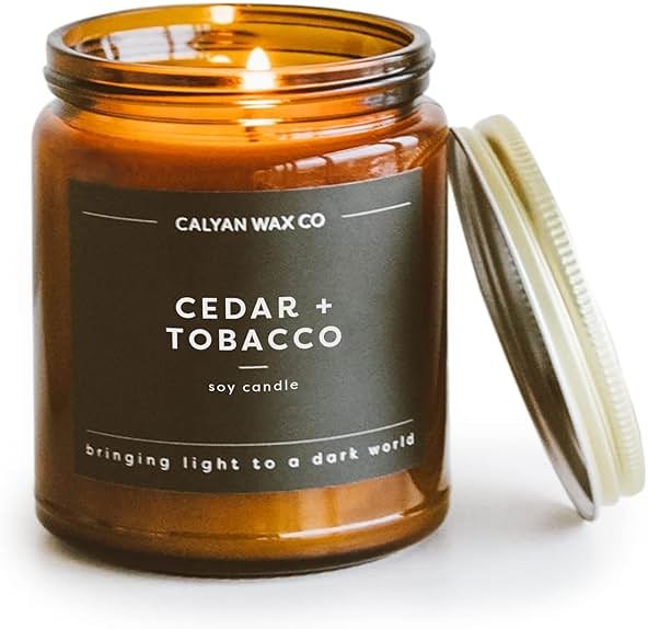 Calyan Wax Co. Cedar & Tobacco Scented Candle - 57 Hour Burn - Luxury Clean Soy Wax Candles - Long Lasting Amber Glass Jar Candle for Home - 7.2oz - Product Image
