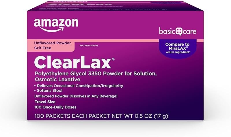 Amazon Basic Care ClearLax Polyethylene Glycol 3350 Powder for Solution, Osmotic Laxative, Softens Stool, Relieves Occasional Constipation, Unflavored, Grit-Free, Sugar-Free, 0.5 oz (Pack of 100) - Product Image