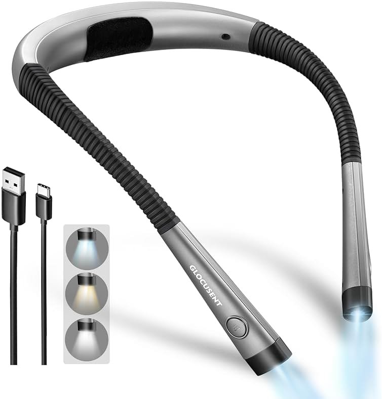 Glocusent Book Light, 3-Color & 6-Brightness Reading Light, Bendable Neck Light, 80-hr Lasting Rechargeable Book Light, Perfect Reading Lights for Books in Bed, Knitting, Repairing, Book Lovers Gifts - Product Image