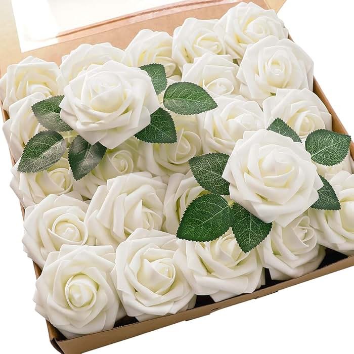 Floroom Artificial Flowers 25pcs Real Looking Ivory Foam Fake Roses with Stems for DIY Wedding Bouquets White Bridal Shower Centerpieces Arrangements Party Tables Decorations - Product Image
