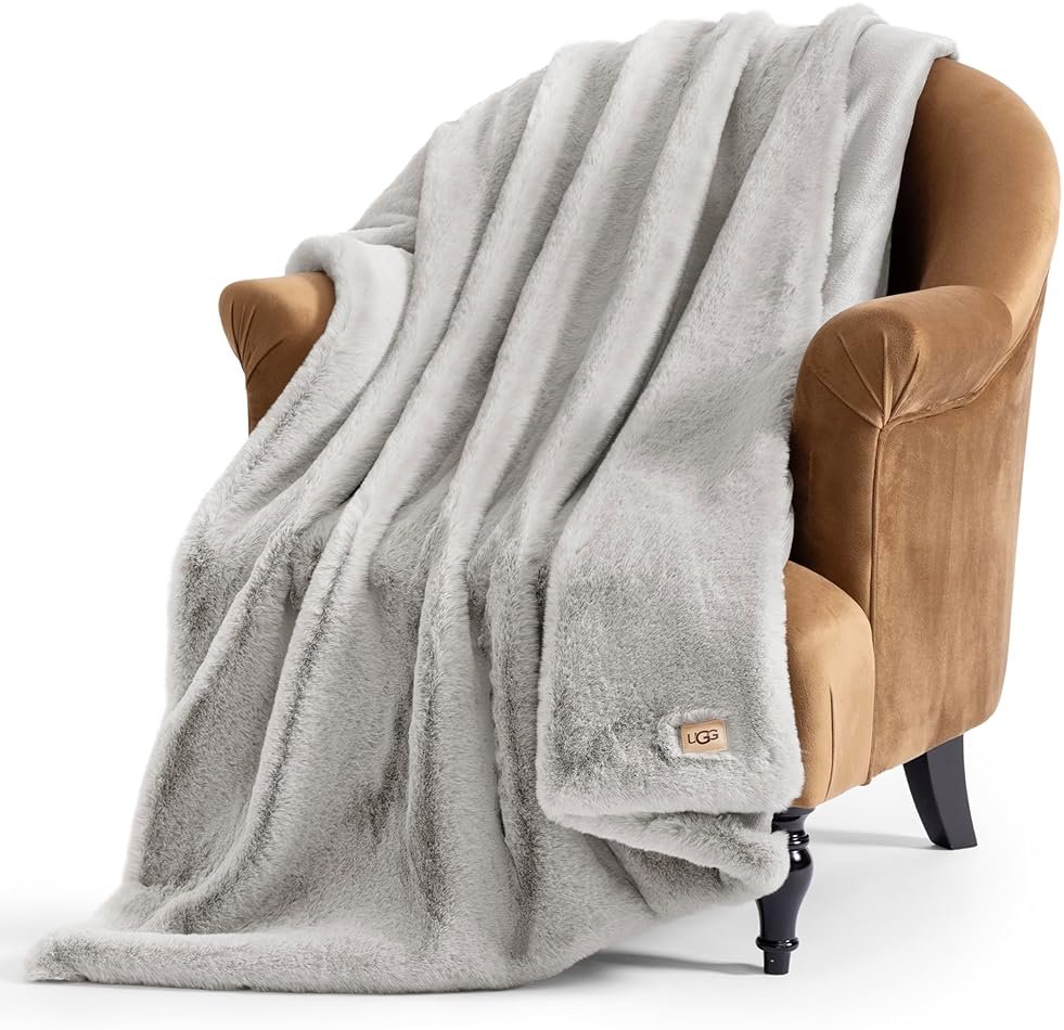 UGG Euphoria Faux Fur Throw Blanket, Oversized Warm Throw for Couch or Chair, Luxury Bedroom Decor, Cozy Soft Blankets, Machine Washable, 50-inch x 70-inch, Seal Grey - Product Image