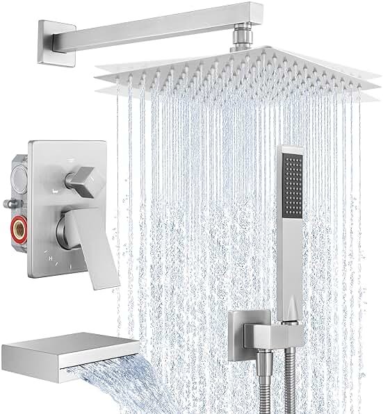 KES Bathtub Shower Faucet Set with Waterfall Tub Spout Shower System 3-Function Shower Faucets Sets Complete with 10 Inch Rain Shower Head, XB6305F18-BN - Product Image