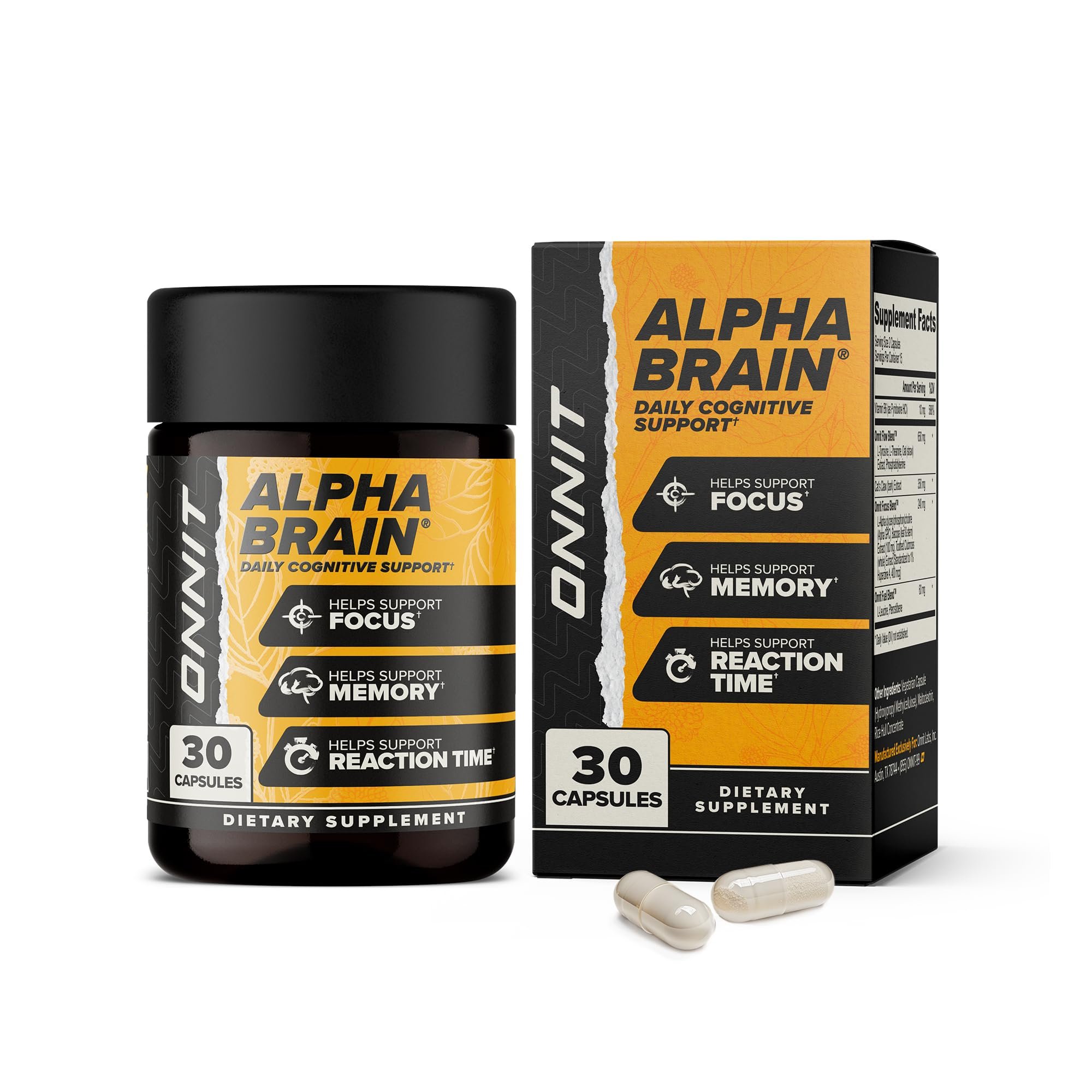 ONNIT Alpha Brain Nootropic Brain Supplement for Focus, Memory, Mental Clarity, Cognitive Support with L-Theanine and Vitamin B6, 30 Count Capsules - Product Image