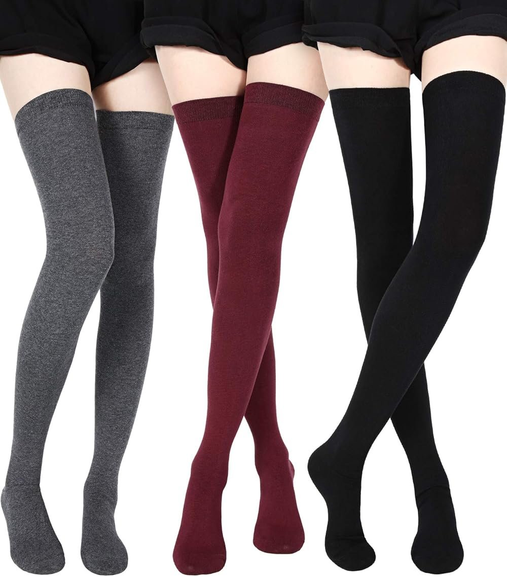 SATINIOR 3 Pairs Extra Long Socks Thigh High Cotton Socks Extra Long Boot Stockings for Women - Product Image