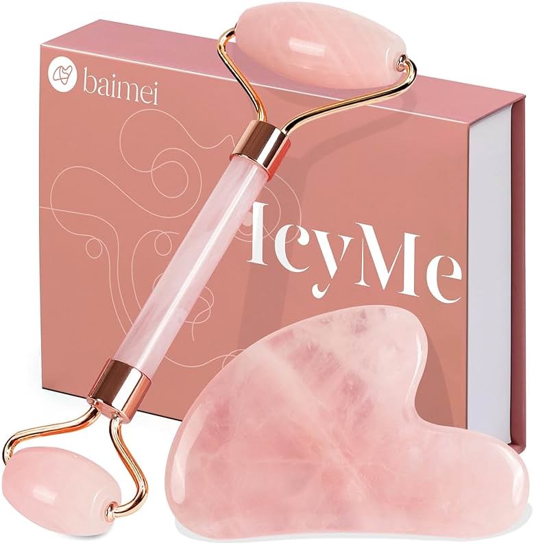 BAIMEI IcyMe Rose Quartz Roller & Gua Sha Set, Cooling Face Roller for Depuffing & Lymphatic Massage, Sculpting Tool for Face, Eyes & Neck, Smooth Skincare Gift for Women and Men - Product Image
