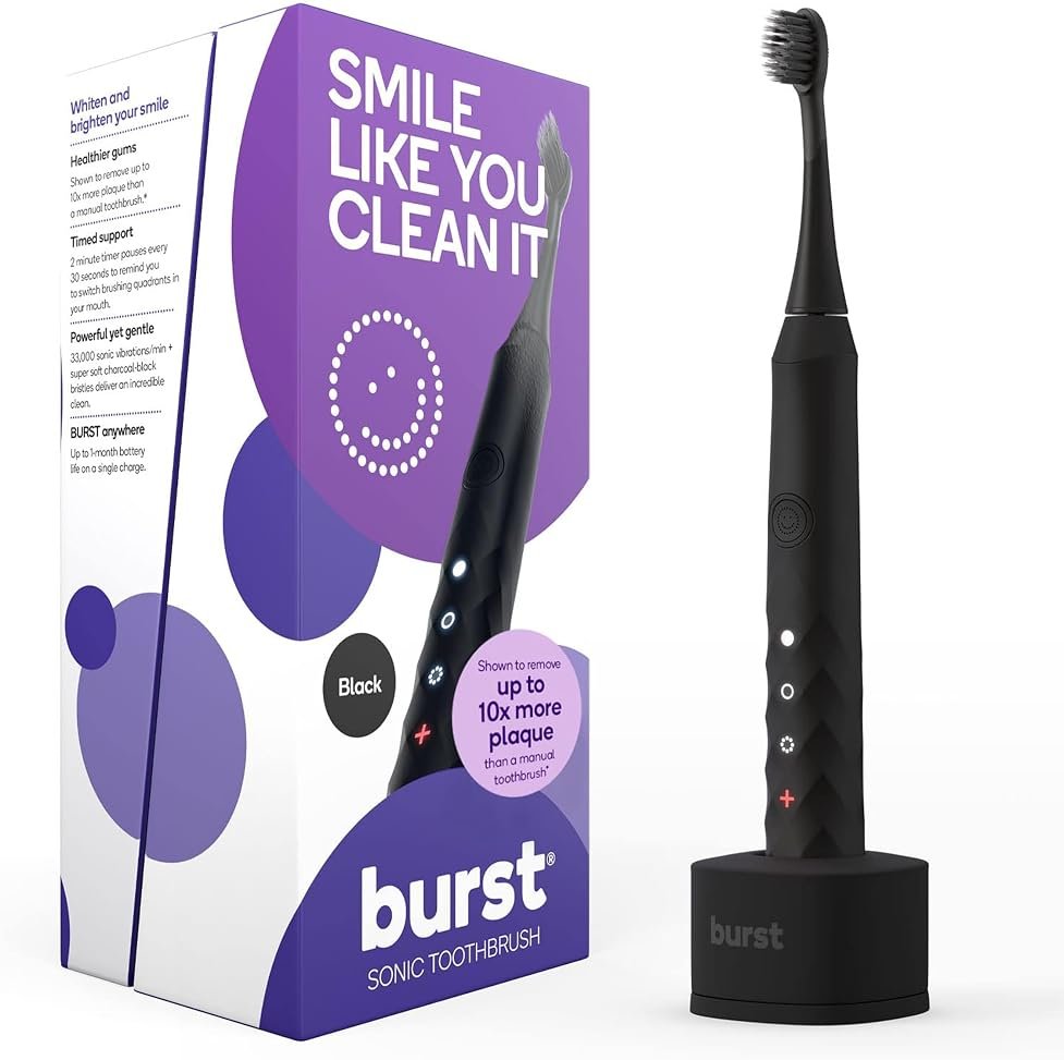 Burst Original Sonic Electric Toothbrush for Adults (Black) | Rechargeable Electric Sonic Toothbrush | Soft Bristle Deep Clean Stain & Plaque Removal | 3 Modes: Teeth Whitening, Sensitive & Massage - Product Image