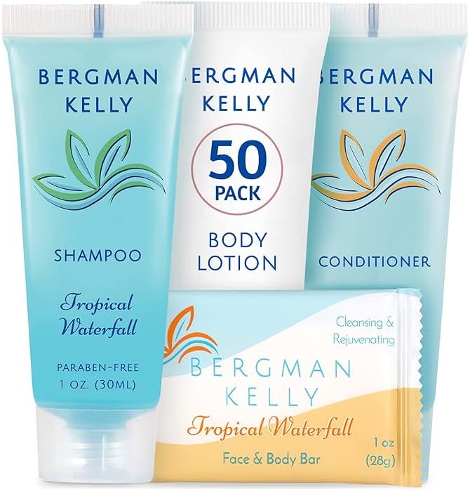 BERGMAN KELLY Hotel Toiletries Bundle (Tropical Waterfall, 1 oz each, 200 Pieces) 4-Piece Set: 50 Rectangular Bar Soap, 50 Shampoo, 50 Conditioner & 50 Body Lotion - Bulk Mini Guest Amenities - Product Image