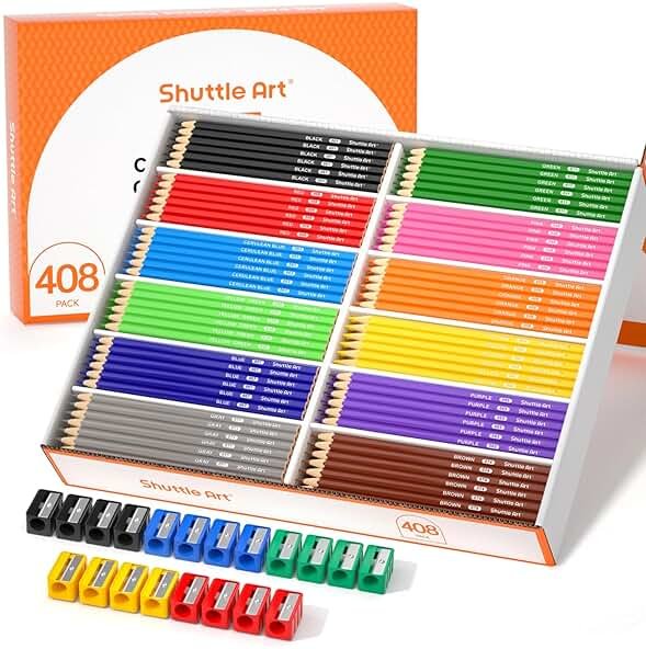 Shuttle Art Colored Pencils Bulk, 408 Pack Coloring Pencil Set Plus 20 Sharpeners, 12 Assorted Colors, Classroom Pack School Supplies - Product Image
