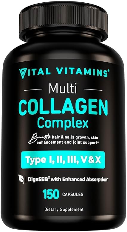 Vital Vitamins Multi Collagen Peptides Capsules for Women & Men - Type I, II, III, V, X Collagen Supplements - Grass-Fed, Non-GMO - 150 Pills - Product Image