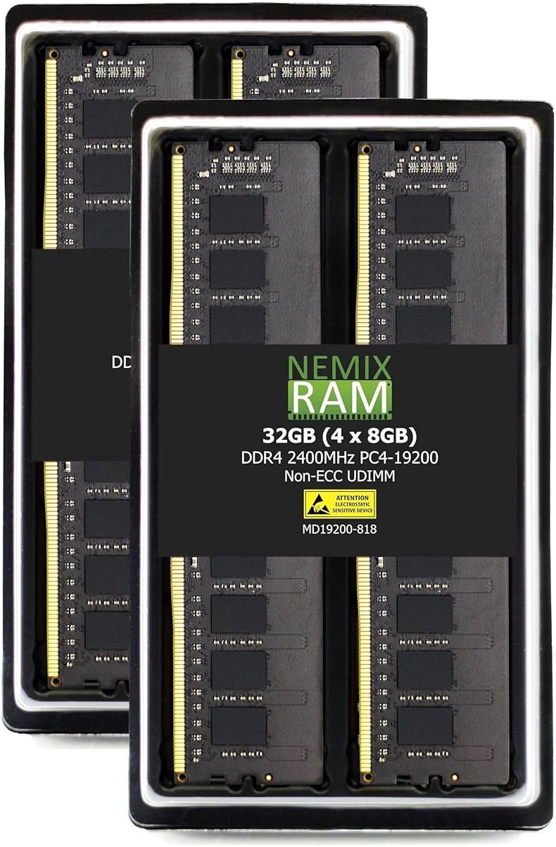 NEMIX RAM 32GB (4X8GB) DDR4 2400MHz PC4-19200 1Rx8 1.2V CL17 288-PIN Non-ECC UDIMM Unbuffered Desktop Memory KIT - Product Image