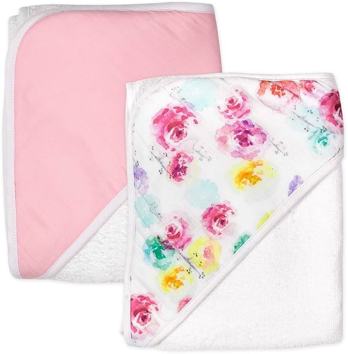 HonestBaby Unisex Baby 2-Pack Organic Cotton Hooded Towels Bandana, Rose Blossom, One Size US - Product Image