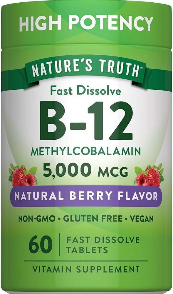 Nature's Truth B12 Vitamin 5000 mcg | 60 Tablets | Fast Dissolve Natural Berry Flavor | Vegan, Non-GMO & Gluten Free Supplement - Product Image