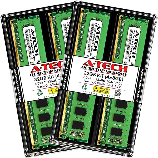 A-Tech RAM 32GB Kit (4x8GB) DDR3 1333 MHz PC3-10600 DIMM - Desktop Computer Memory - CL9 2Rx8 1.5V 240-Pin UDIMM Non-ECC Unbuffered Upgrade Modules - Product Image