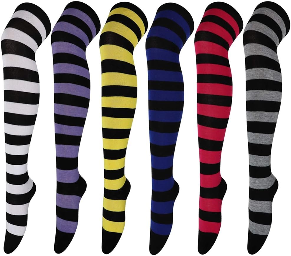 DRESHOW 6 Pairs High Thigh Socks Striped Over Knee Thin Tights Long Stocking for Women Leg Warmer - Product Image