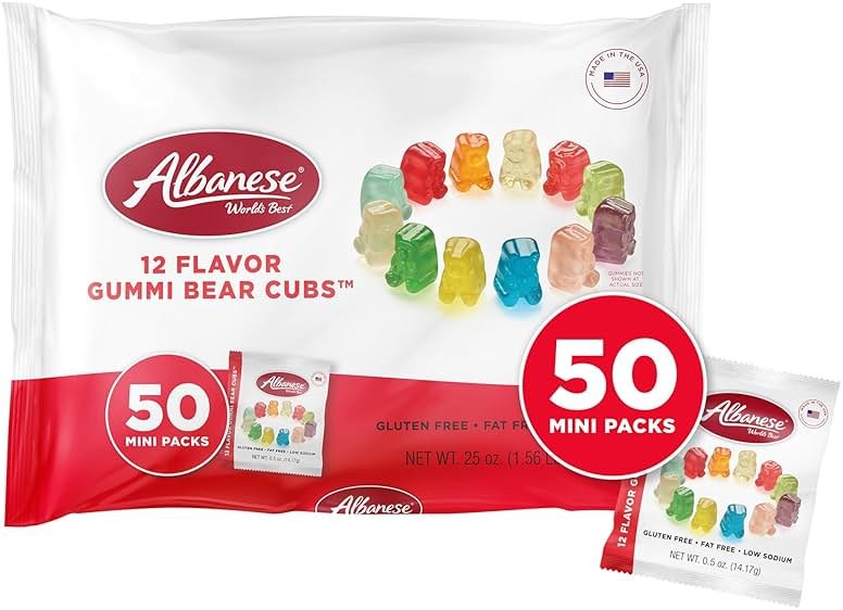 Albanese World's Best 12 Flavor Gummi Bear Cubs | 50-0.5oz Snack Packs of Candy | Miniature, Individually Wrapped, Soft Gummy |Cherry, Blue Raspberry, and More | Perfect for Kid's Classroom Parties - Product Image