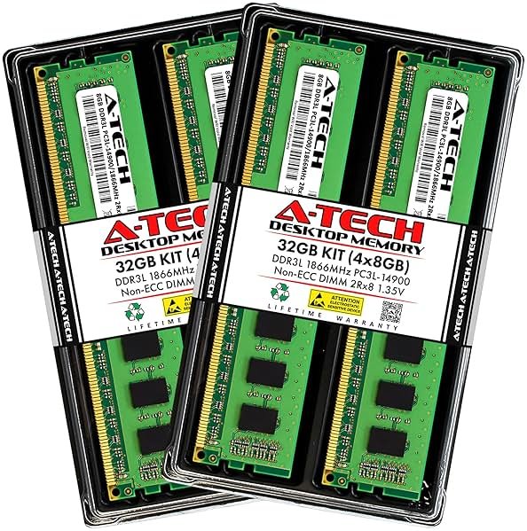 A-Tech 32GB Kit (4x8GB) DDR3/DDR3L 1866MHz PC3L-14900 (PC3-14900) CL13 UDIMM 2Rx8 1.35V Non-ECC DIMM 240-Pin Desktop RAM Memory Upgrade Modules - Product Image