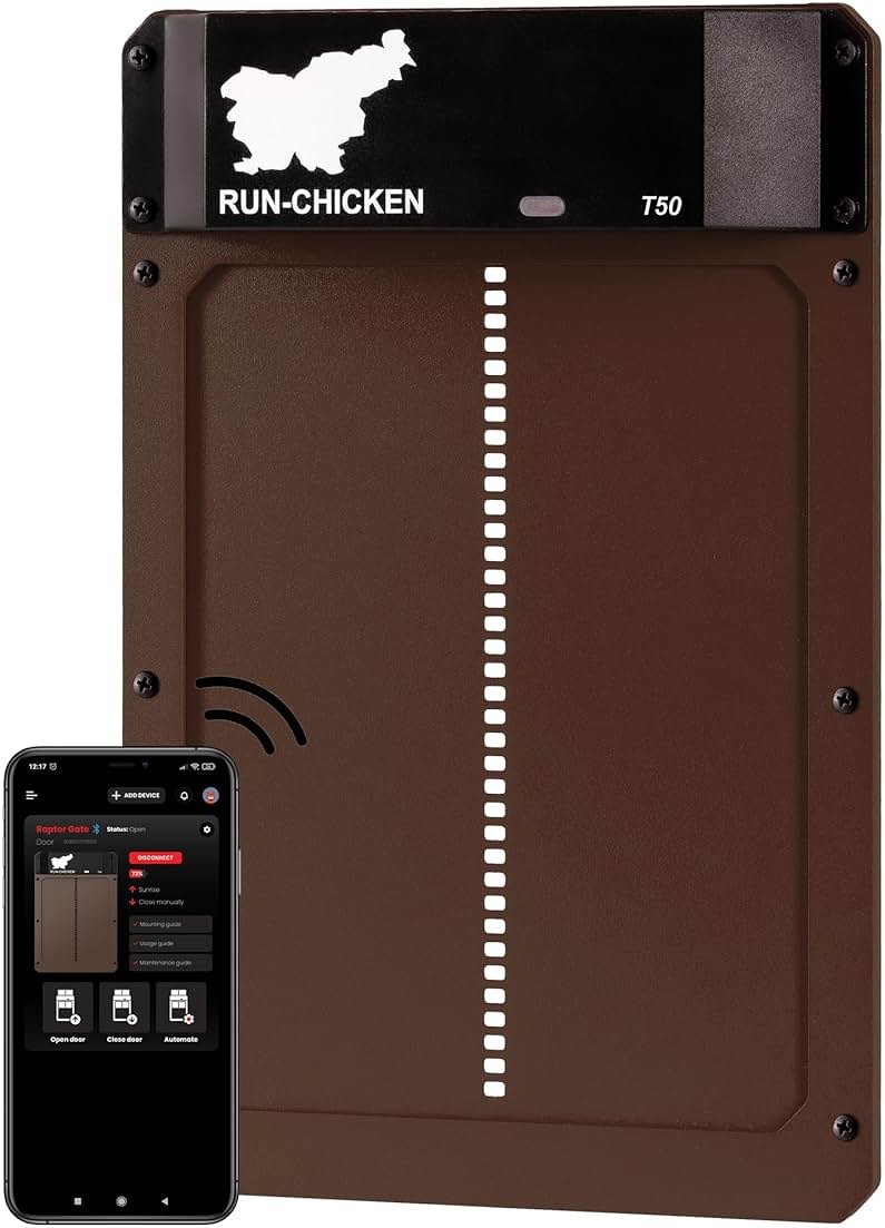 RUN-CHICKEN Door T50 – Automatic Chicken Coop Door Opener, Battery Powered & Weatherproof Aluminum, Smart App & Timer Control, Predator Proof, Easy Install, Reliable All-Season Performance (Brown) - Product Image