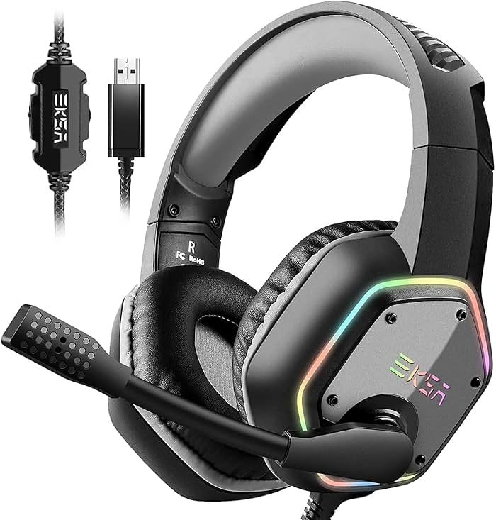 EKSA E1000 USB Gaming Headset for PC, Computer Headphones with Microphone/Mic Noise Cancelling, 7.1 Surround Sound, RGB Light - Wired Headphones for PS4, PS5 Console, Laptop, Call Center - Product Image