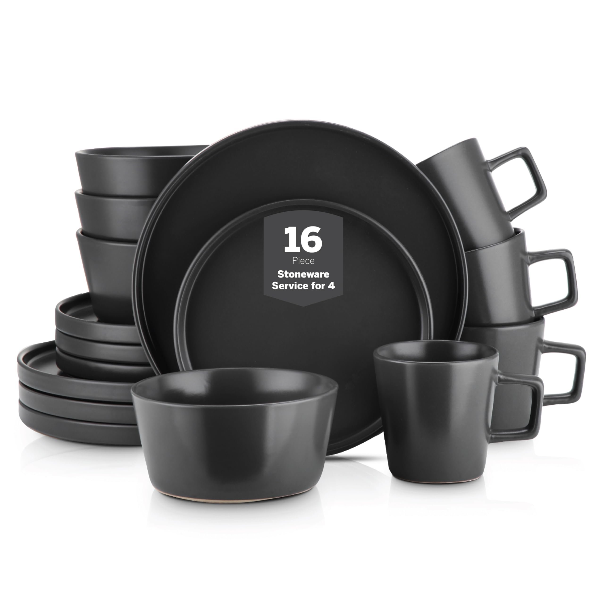Stone Lain Celina Stoneware 16 Piece Dinnerware Set, Plates and Bowls, Black Matte Dish, Service for 4 – Minimalist Round Style, Microwave & Dishwasher Safe - Product Image