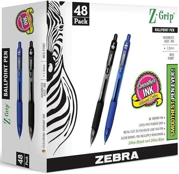 Zebra Pen Z-Grip Retractable Ballpoint Pen, Medium Point 1.0mm, 24 Black & 24 Blue Ink Pens, Bulk Pack of 48 - Product Image