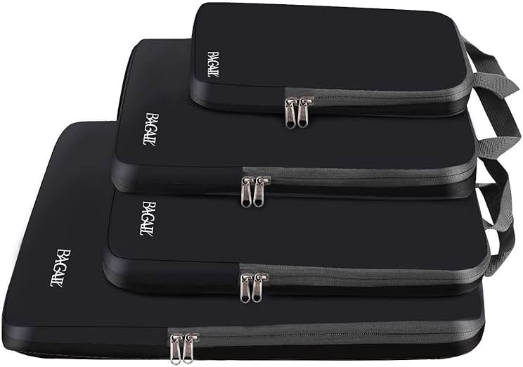 BAGAIL 4 Set/6 Set/8 Set Compression Packing Cubes Travel Accessories Expandable Packing Organizers (Cloth Pattern, 4-Black) - Product Image