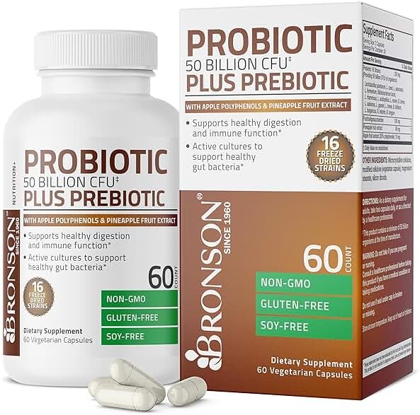Bronson Probiotic 50 Billion CFU + Prebiotic with Apple Polyphenols & Pineapple Fruit Extract for Women & Men Non-GMO, 60 Vegetarian Capsules - Product Image