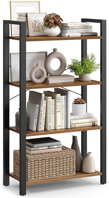 VASAGLE 4-Tier Bookshelf, Bookcase with Steel Frame, Book Shelf for Living Room, Home Office, Study, 11.8 x 26 x 47 Inches, Industrial Style, Rustic Brown and Ink Black ULLS60BX - Product Image