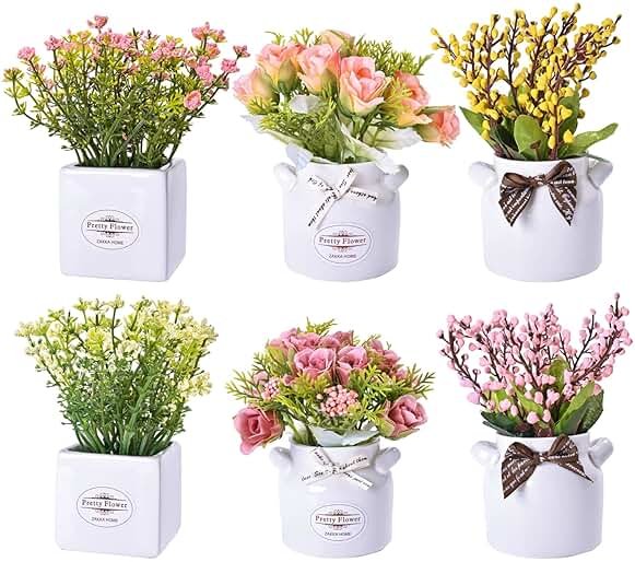 LUEUR 6Pcs Artificial Flowers with Ceramic Pot Fake Flower Arrangements Small Faux Spring Flowers in Vase Spring/Summer Decor, Centerpiece Table Decorations for Easter Home Office Shelf - Product Image